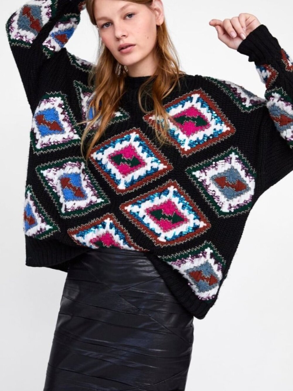 Zara Women's Black Multicolor Patterned Sweater